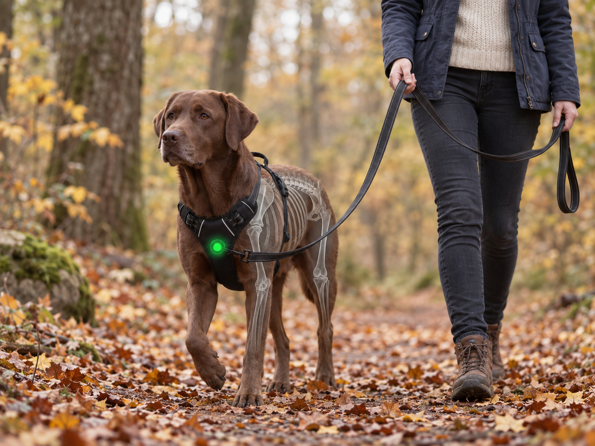 Hund sitzt entspannt im Geschirr auf der Dorfstraße