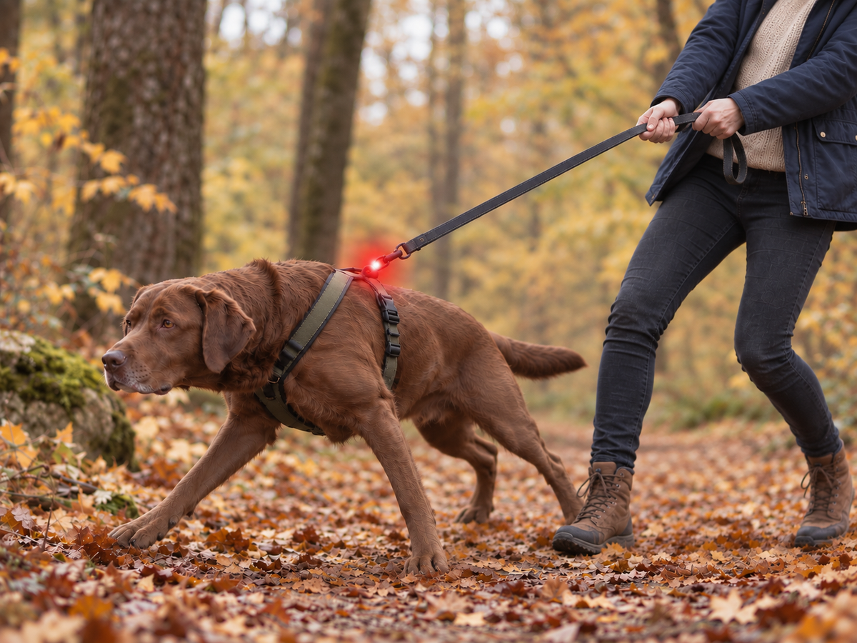 Zwei Hunde ziehen im Herbstwald an straffen Leinen
