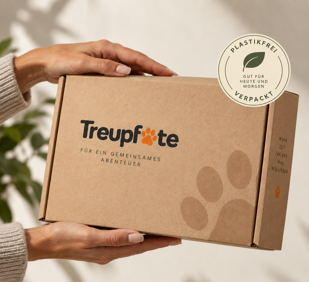 Treupfote-Paket mit Pfotenabdrücken wird aus einer Kartonbox gereicht