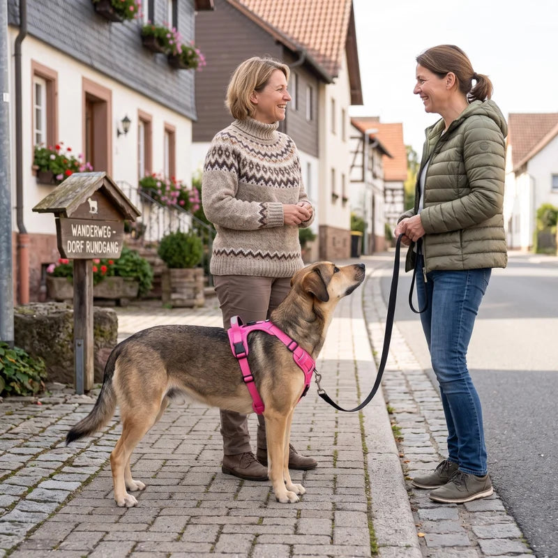 Auf der Dorfstraße in Nürnberg – Hund entspannt im Geschirr