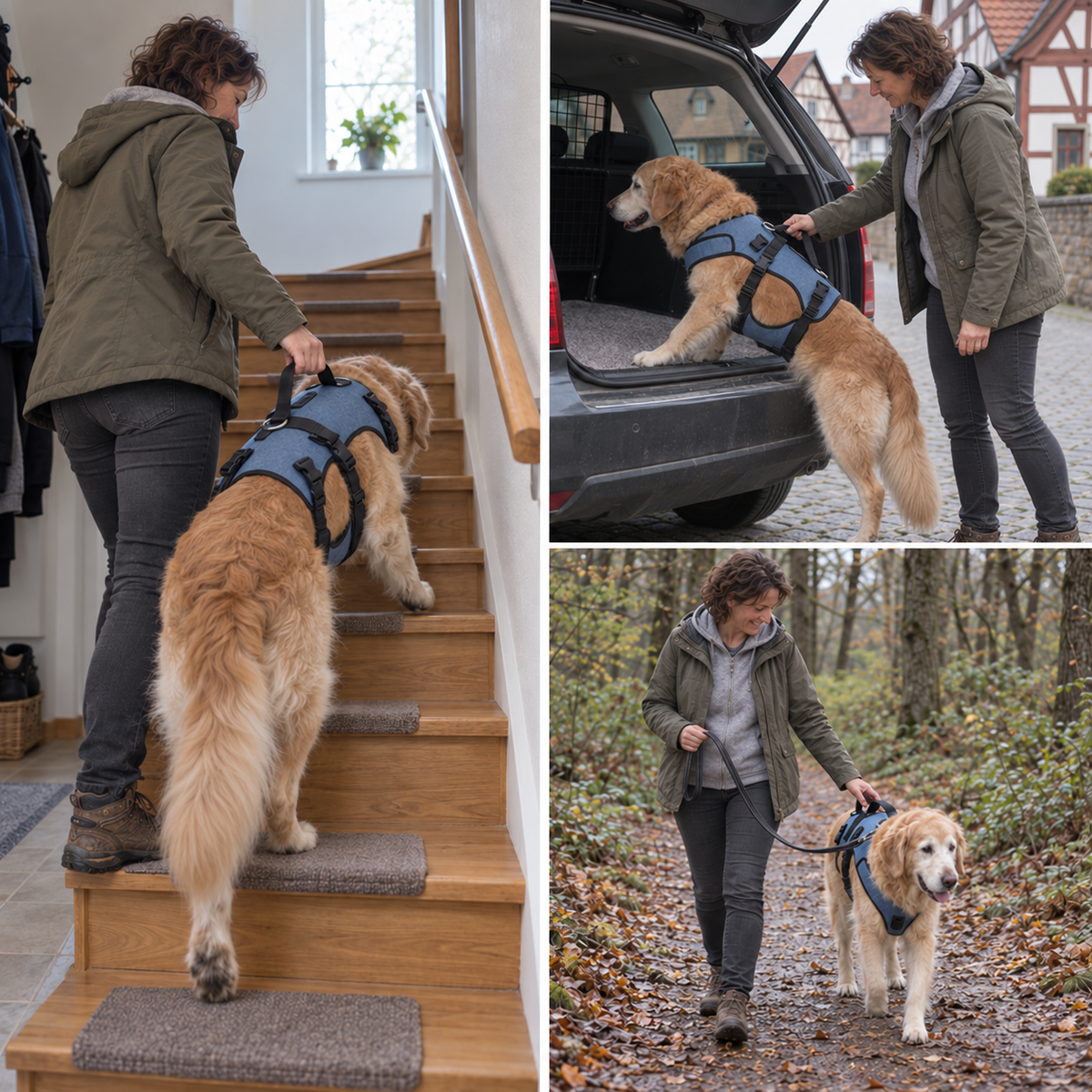 Frau geht mit ihrem Golden Retriever an lockerer Leine über einen Waldweg.