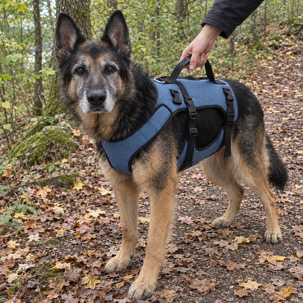 Älterer Schäferhund wird am Hebegriff des Treupfote-Mobilitätsgeschirrs gestützt