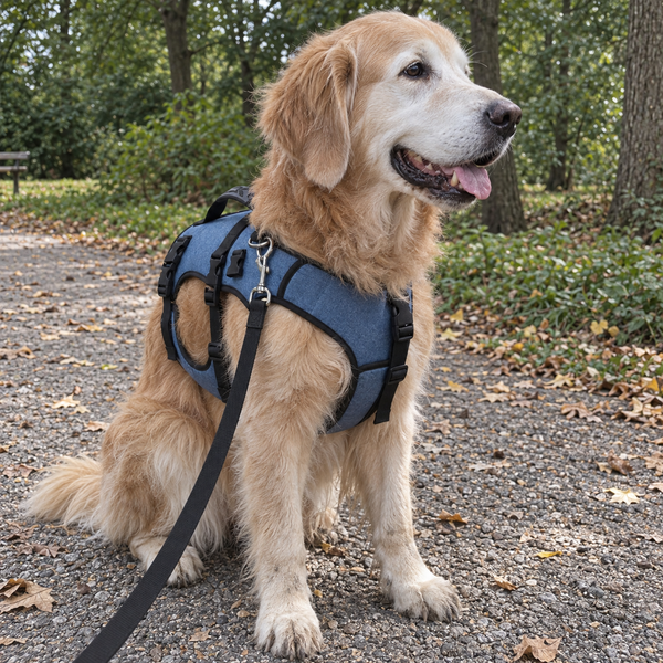 Golden Retriever sitzt im Treupfote-Mobilitätsgeschirr an der Leine auf einem Waldweg