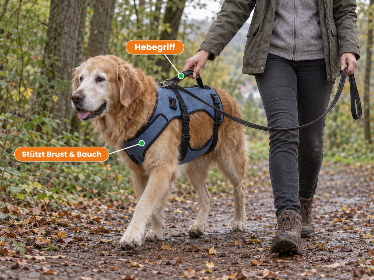 Treupfote Mobilitätsgeschirr mit gepolstertem Hebegriff über dem Rücken und seitlichem Klettverschluss.