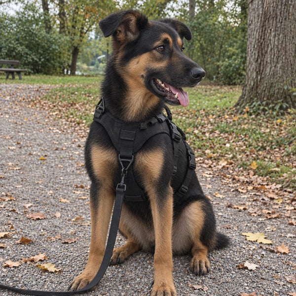 Schäferhund-Mischling sitzt im Treupfote-Geschirr an der Leine auf einem Parkweg