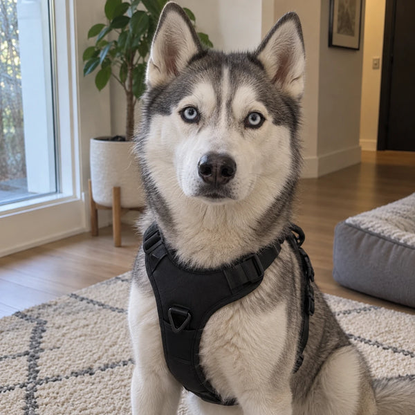Husky sitzt im Treupfote-Geschirr im Wohnzimmer