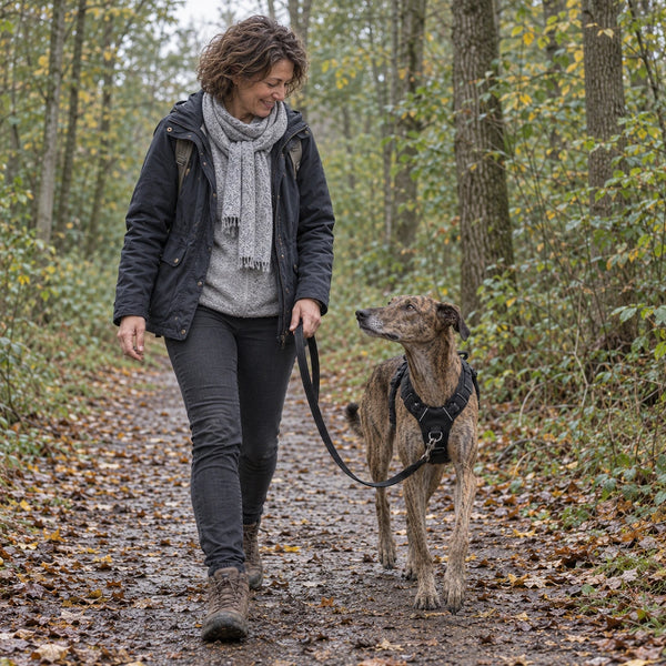 Frau geht mit ihrem Windhund im Treupfote-Geschirr durch den Herbstwald