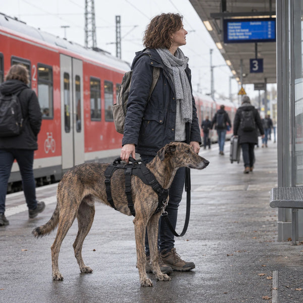 Frau wartet mit ihrem Windhund im Treupfote-Geschirr am Bahnsteig