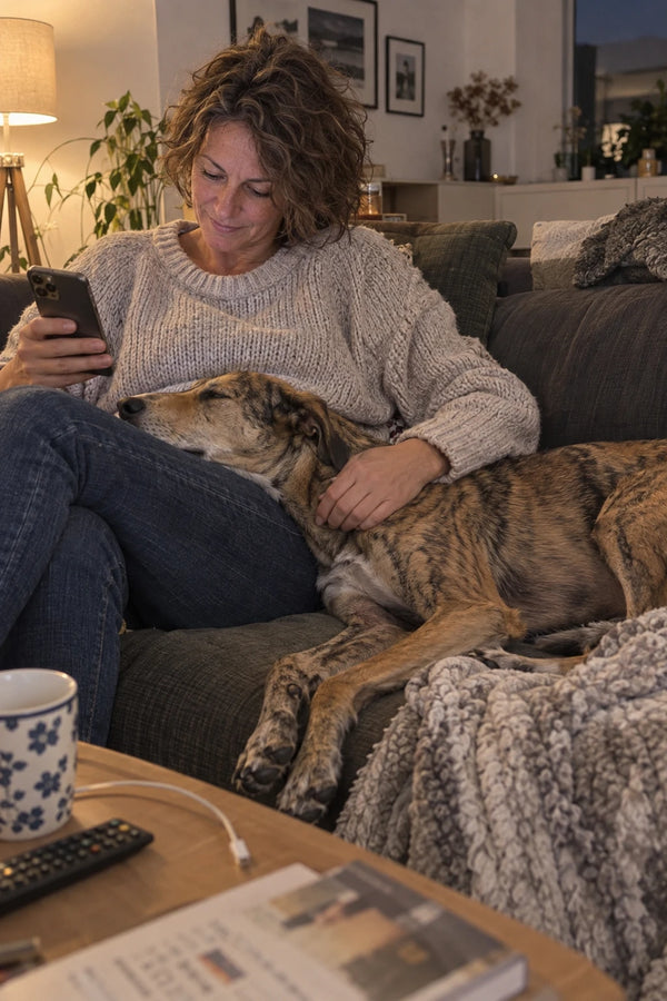 Frau sitzt mit ihrem Windhund auf dem Sofa