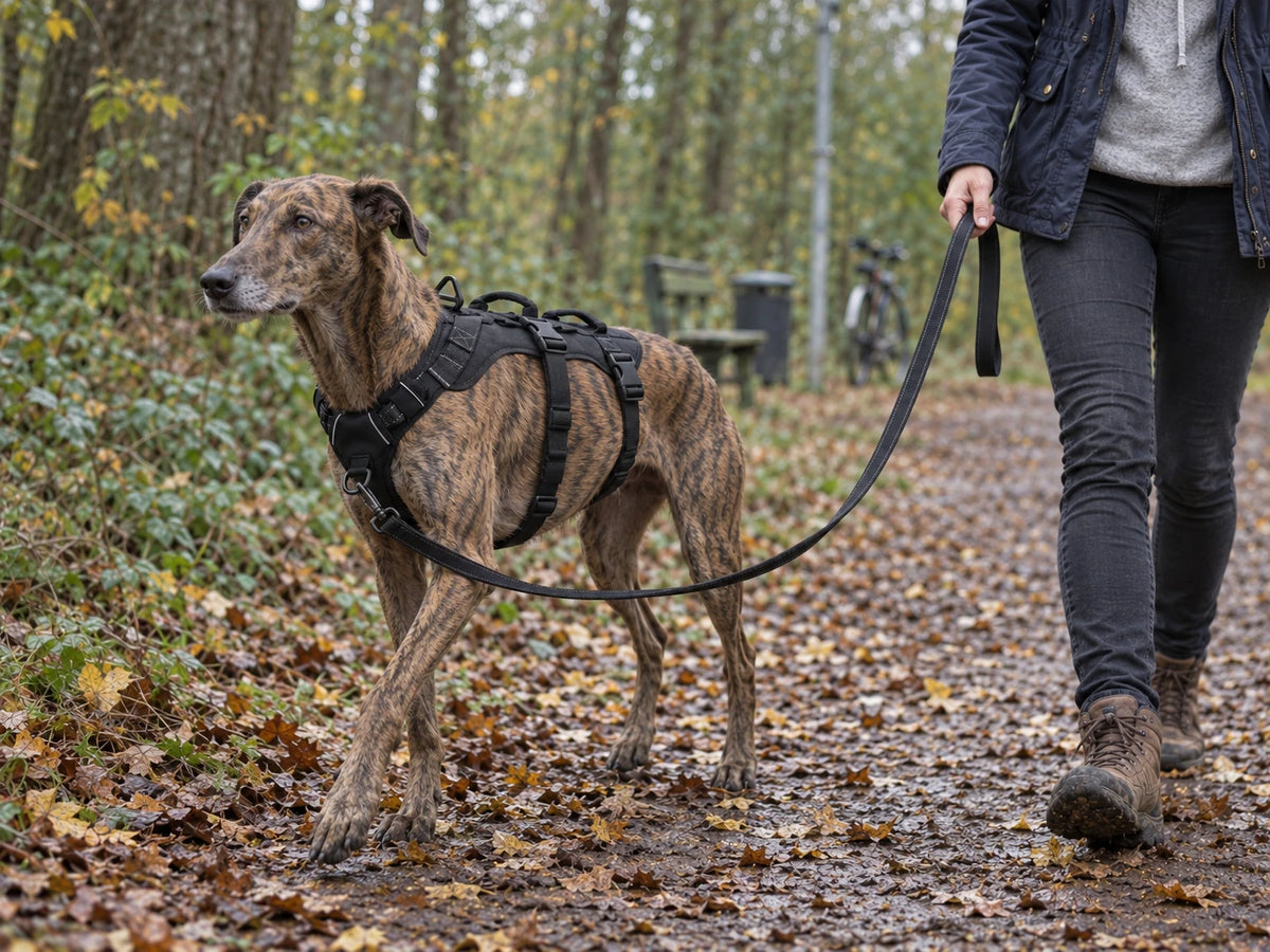 Hund läuft entspannt an lockerer Leine durch den Herbstwald, der Brustring sitzt vorne an der Brust.