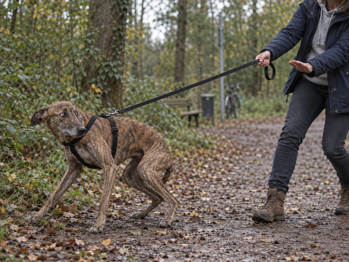 Hund stemmt sich mit voller Kraft in ein herkömmliches Geschirr, der Leinenring sitzt auf dem Rücken.